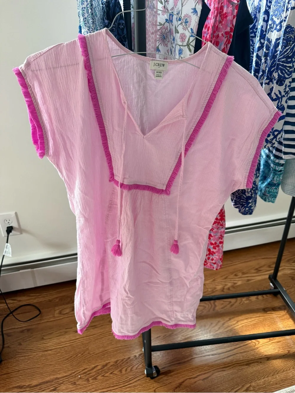 J. Crew Girls' Light Pink V-Neck Tassel Tunic with Hot Pink Trim